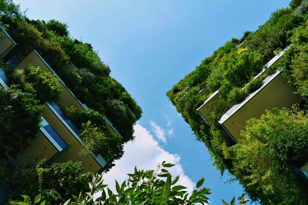 Planted facades on two towers, photographed looking up between them